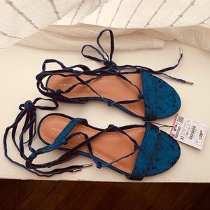 NWT Zara Blue Velvet Ankle Wrap Sandals
